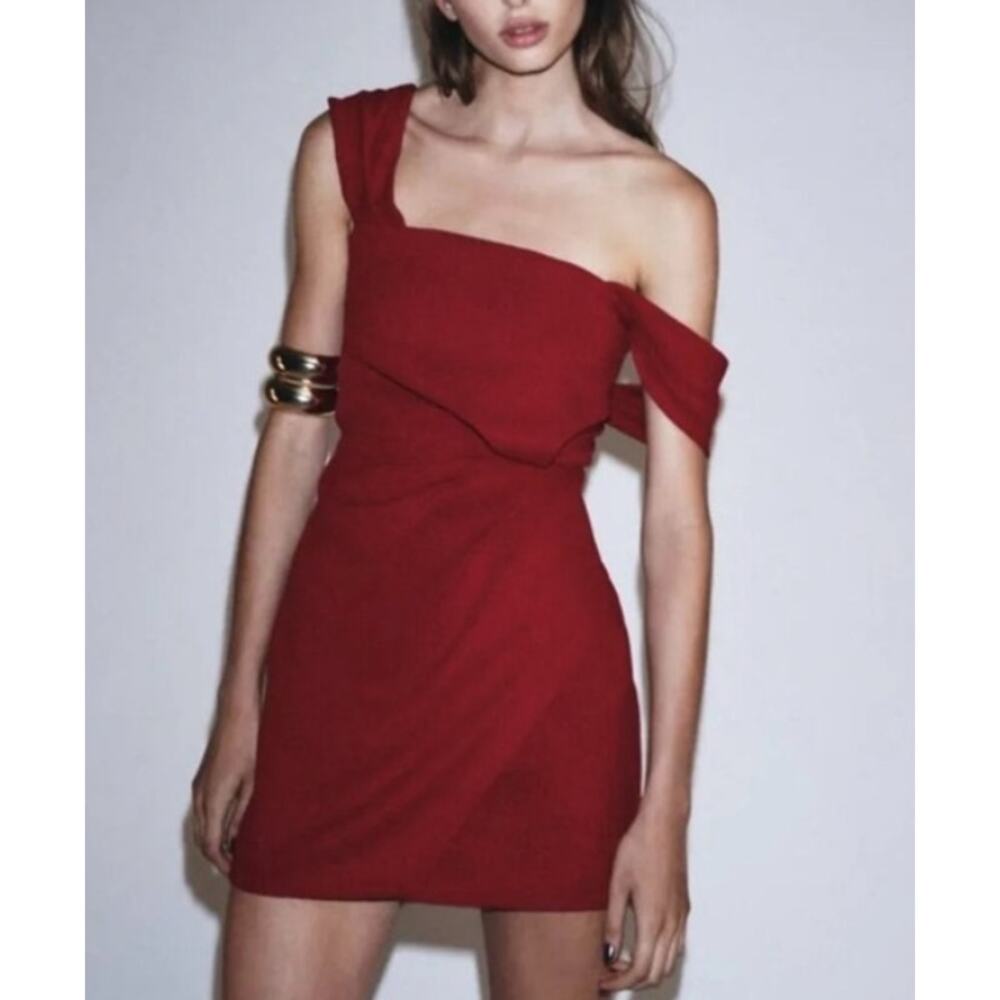 Zara Cherry Red Off the Shoulder Faux Wrap Mini Dress Size Large